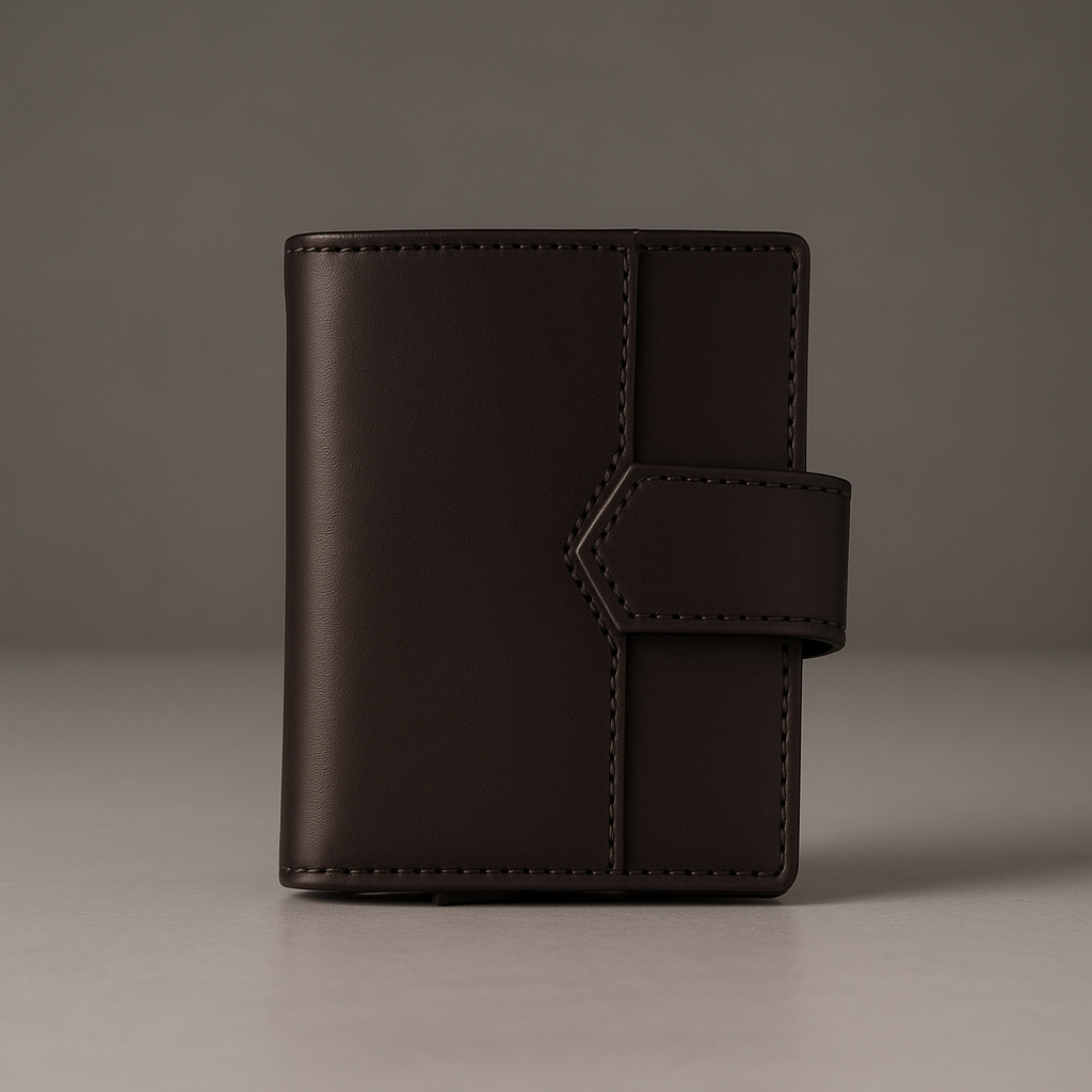 Brown leather wallet on a gray background