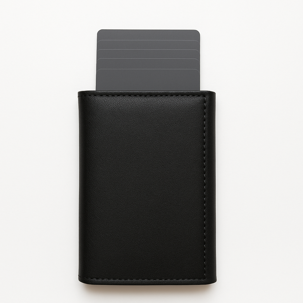 Black leather cardholder with a stack of cards on a white background