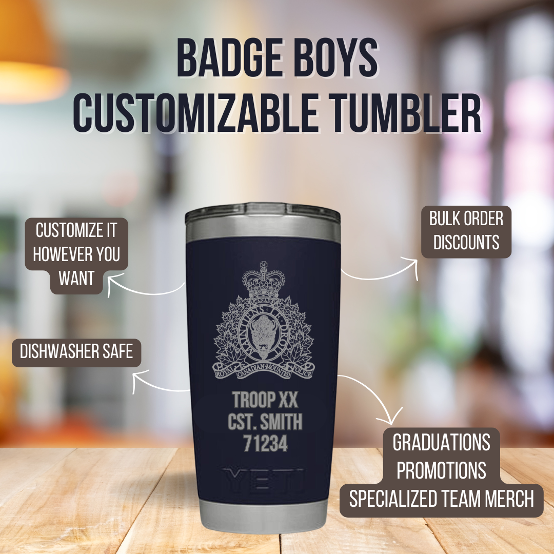 Customizable tumbler with engraved text on a wooden surface, featuring branding and promotional text.