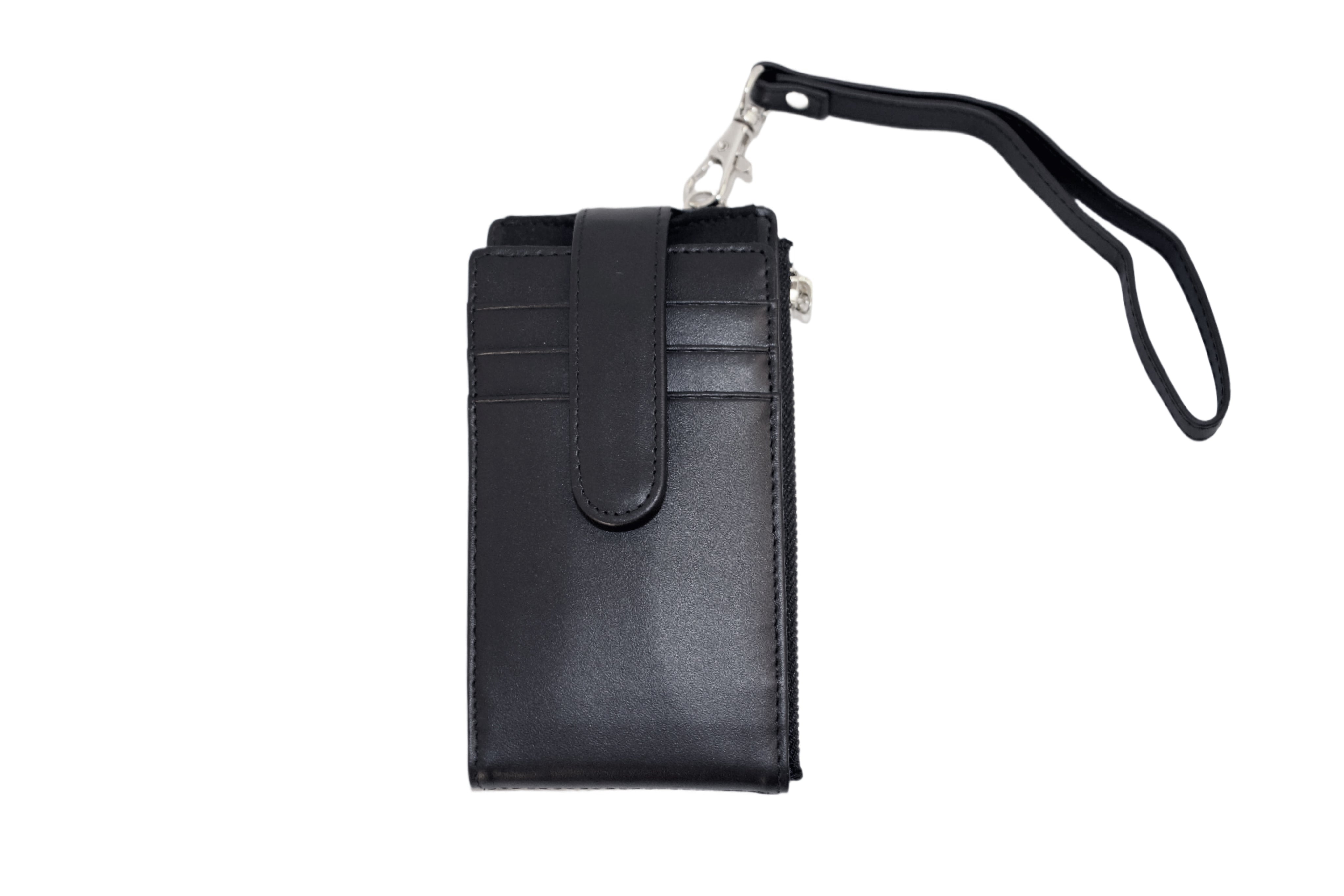 Black phone case with a wrist strap on a white background