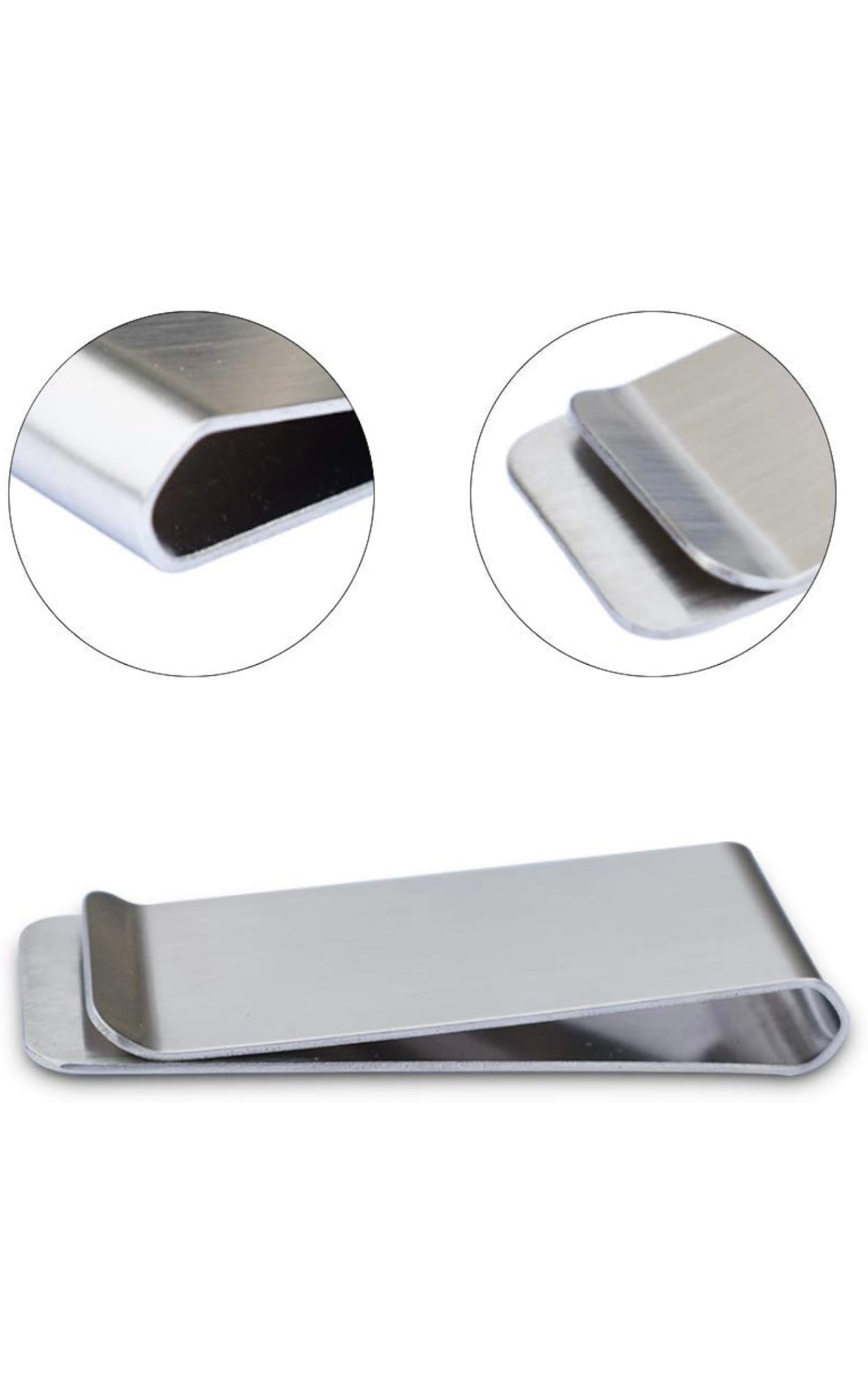 Metallic money clip with close-up details on a white background