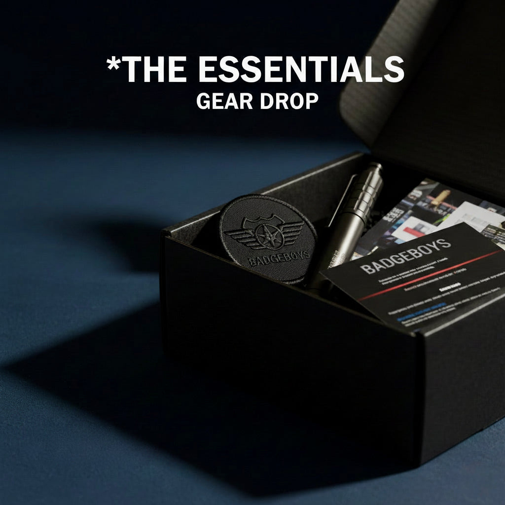 Black box with branded items on a dark background, featuring 'The Essentials Gear Drop' offer.