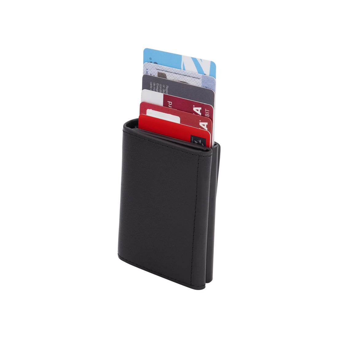 Black cardholder with colorful cards on a white background