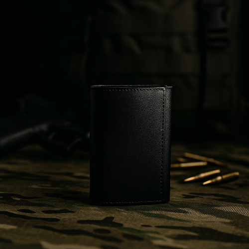 Black leather wallet on a camouflage surface with bullets in the background