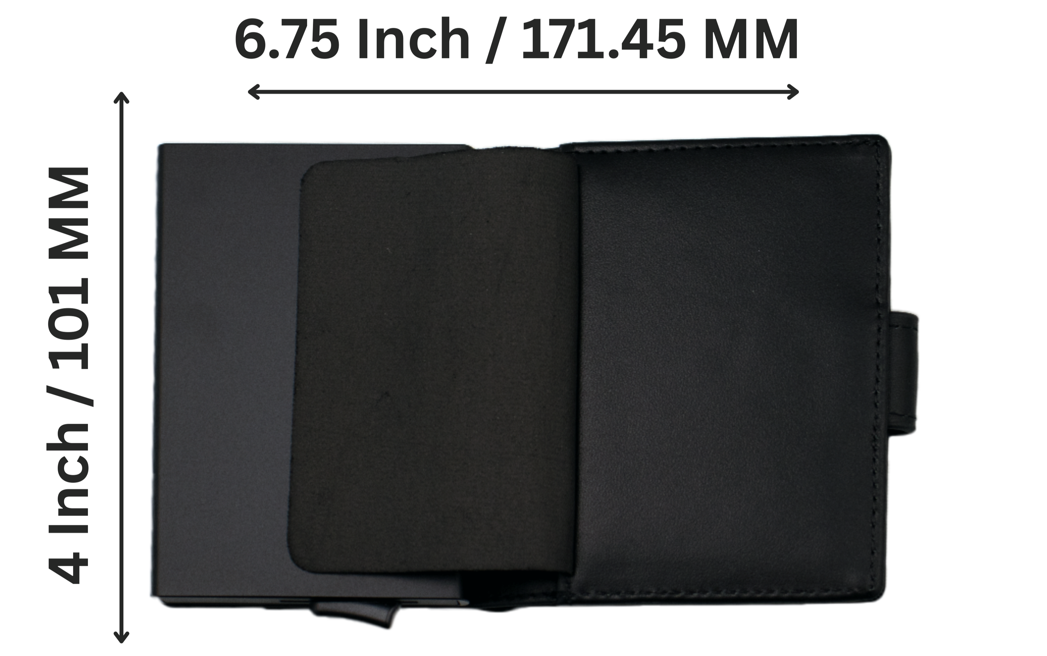 Brown leather wallet with dimensions indicated on a white background