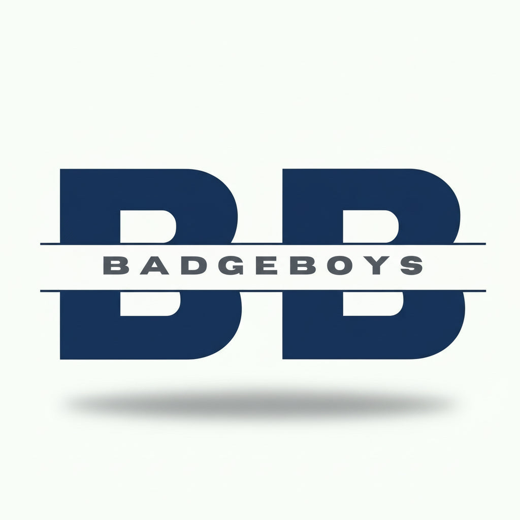 Logo of BADGEBOYS with blue and white design on a white background