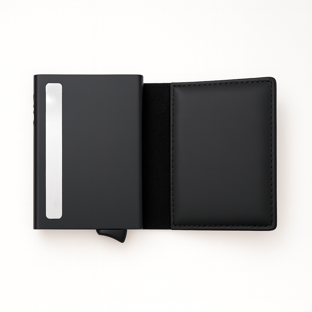 Black wallet with a metallic clip on a white background