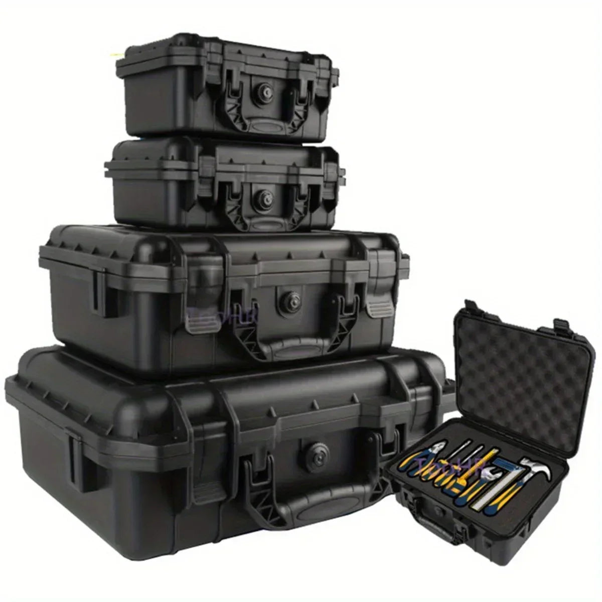 Stack of black tool cases with an open one revealing tools on a white background
