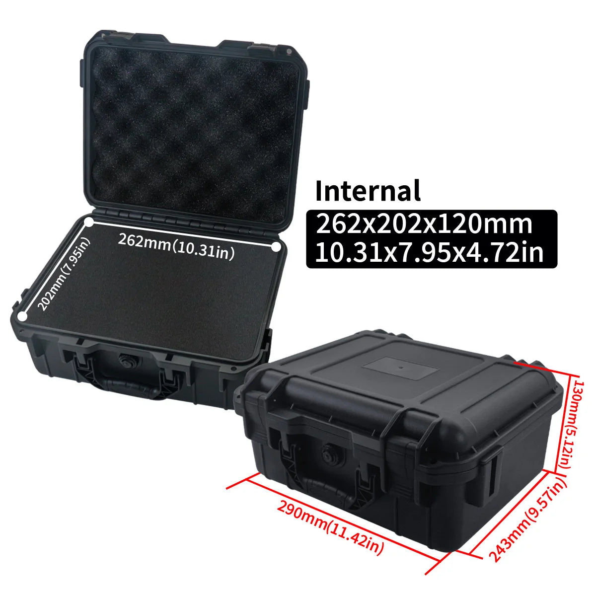 Black hard-shell protective case with open lid showing foam interior and dimensions on a white background.