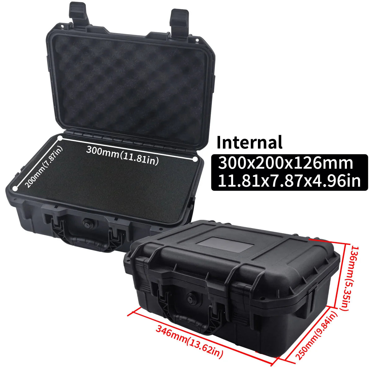 Black protective case with open lid showing dimensions on a white background
