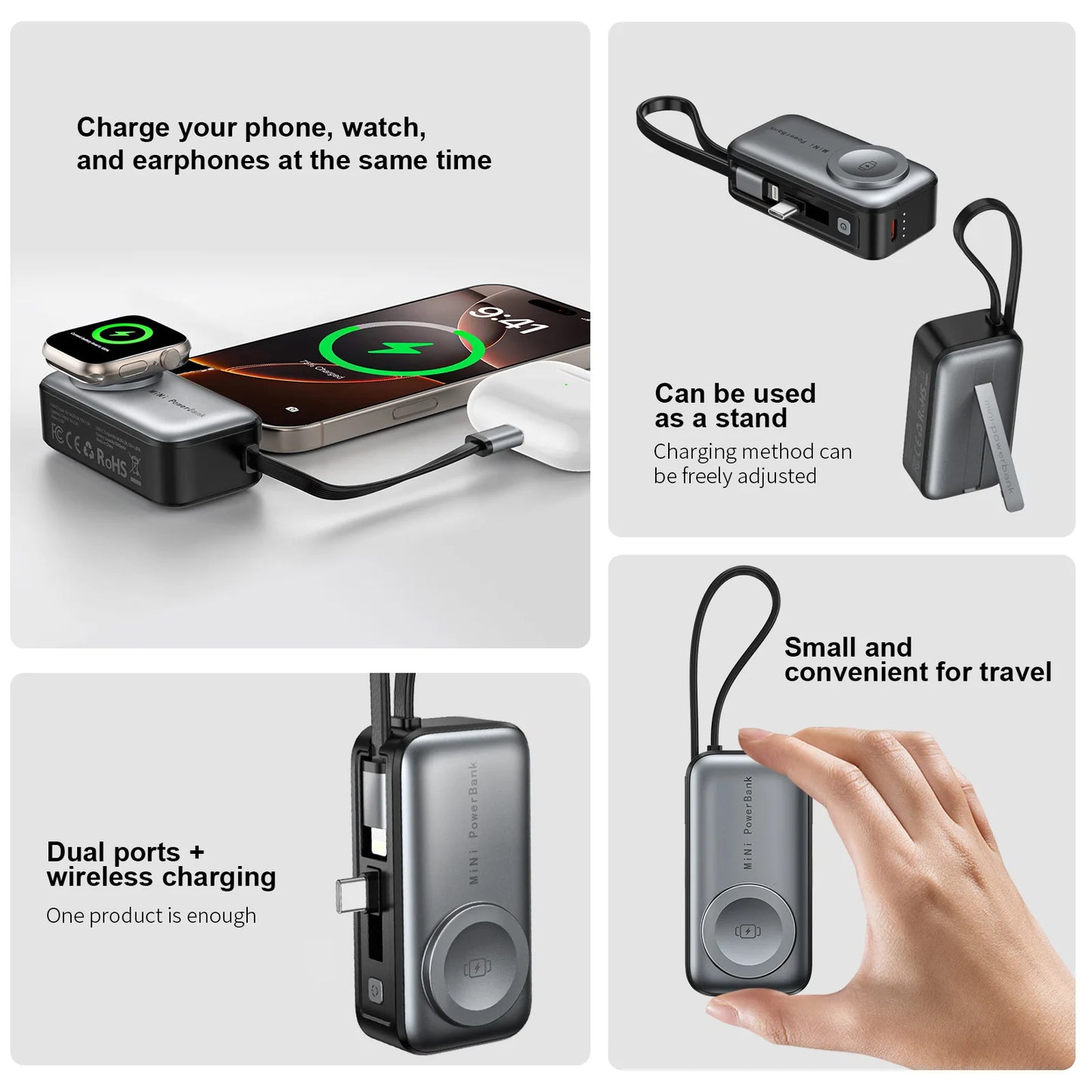 3-in-1 Portable Power Bank with Built-In Cables