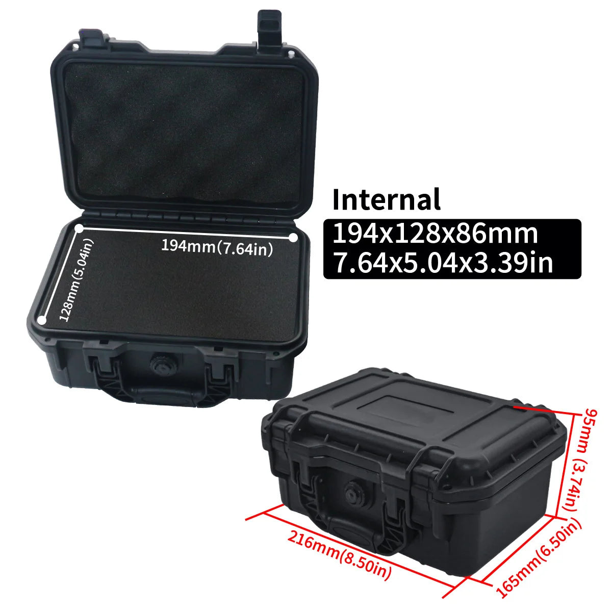 Black protective case with open lid showing internal dimensions on a white background