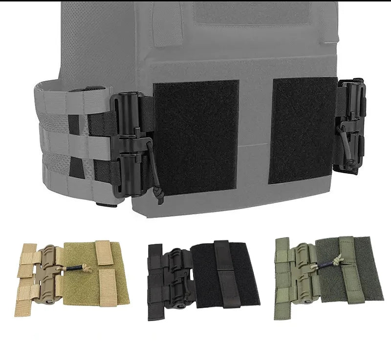 Tactical quick removal vest buckle with color options displayed below on a white background.