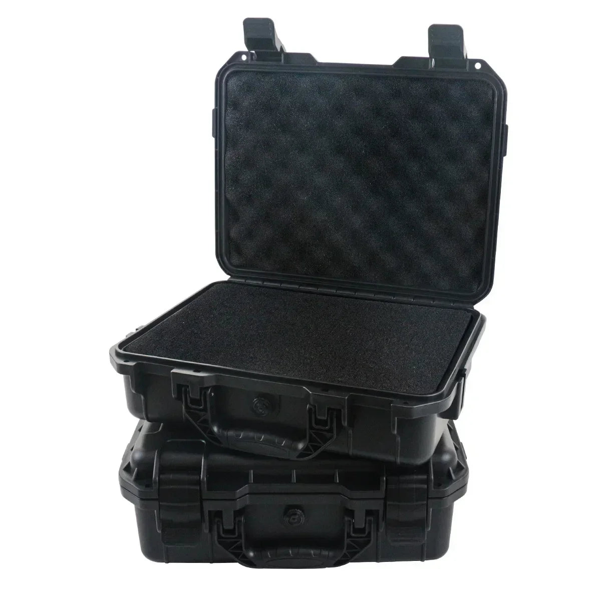 Stack of black hard-shell cases on a white background
