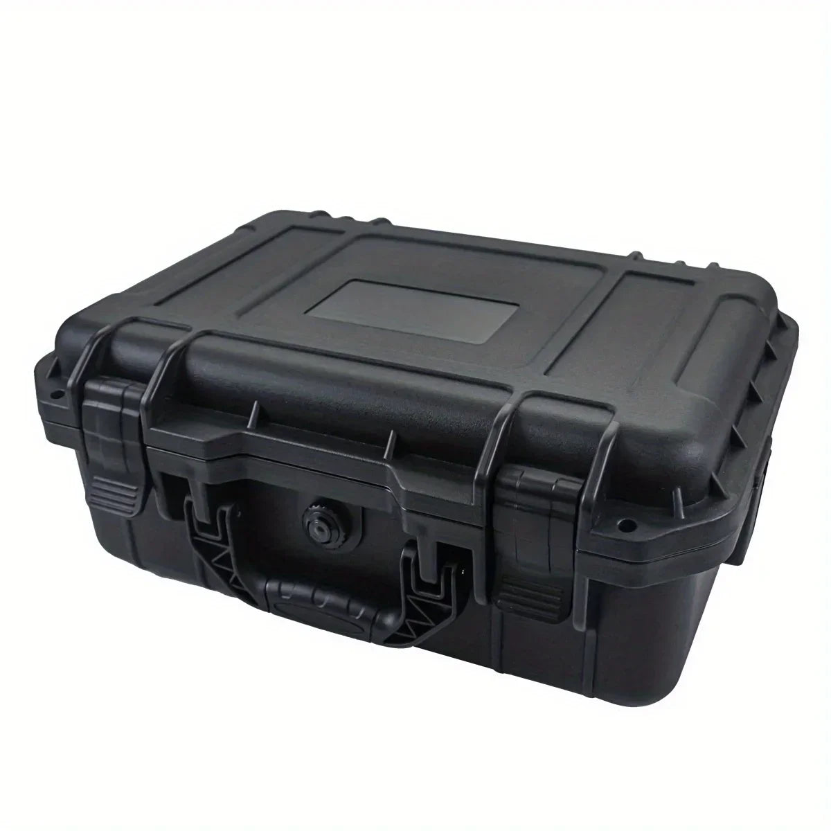 Black hard-shell protective case on a white background