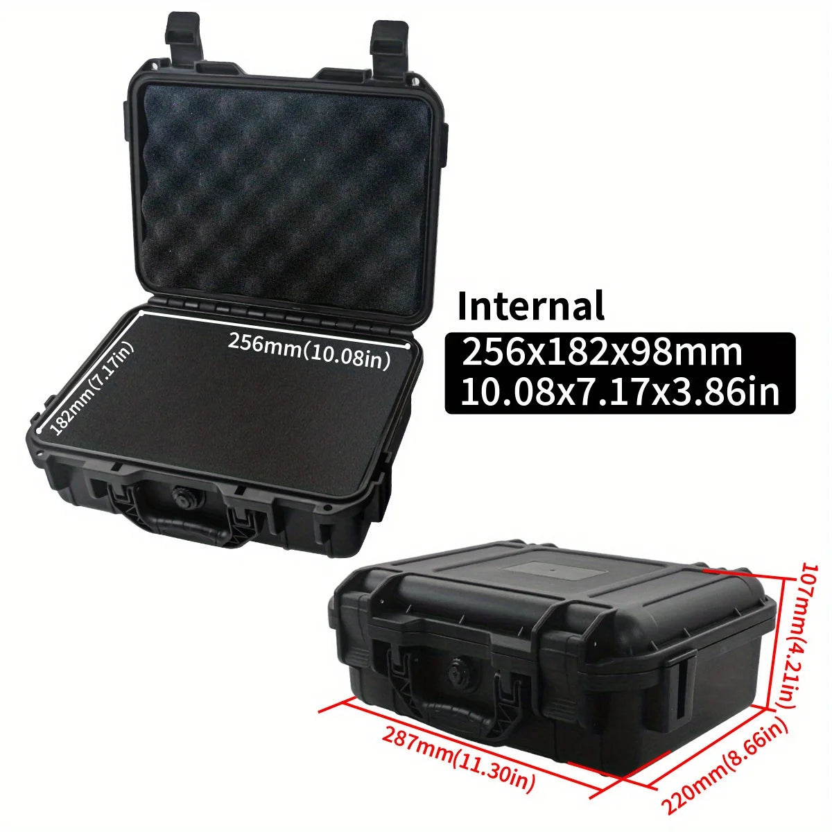 Black hard-shell protective case with open lid showing dimensions on a white background