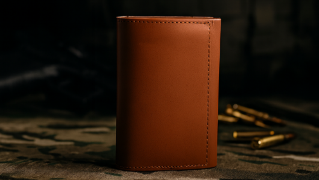 Brown leather wallet on a textured surface with a dark background