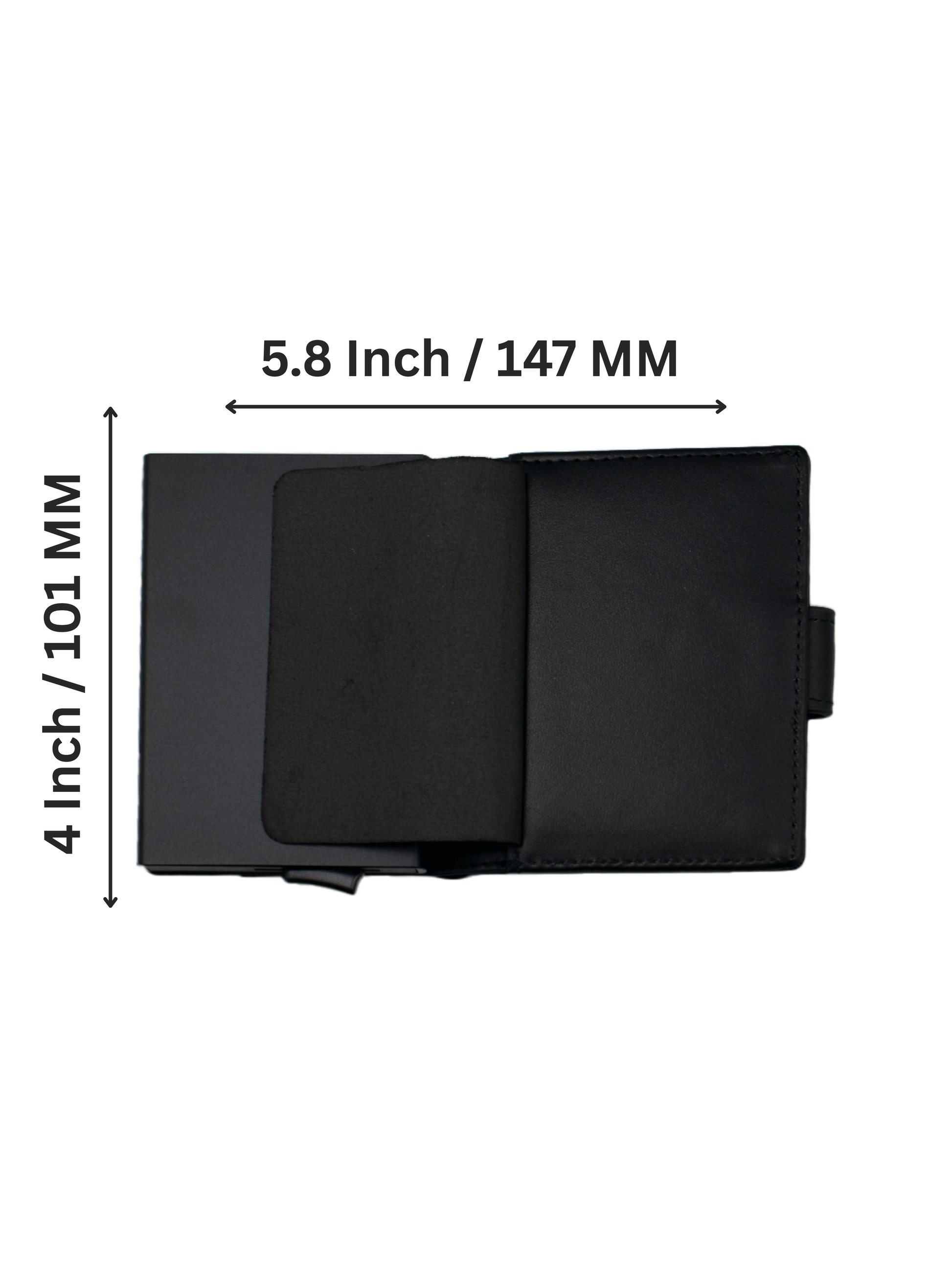 Black wallet with dimensions labeled on a white background
