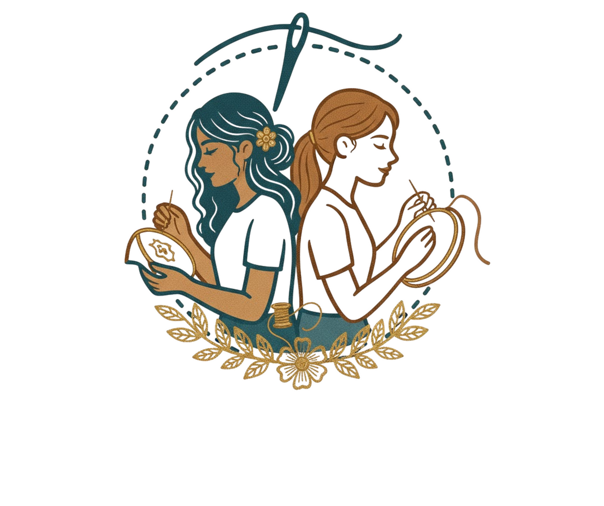 Logo of Badge & Bobbin featuring two women embroidery with text below.