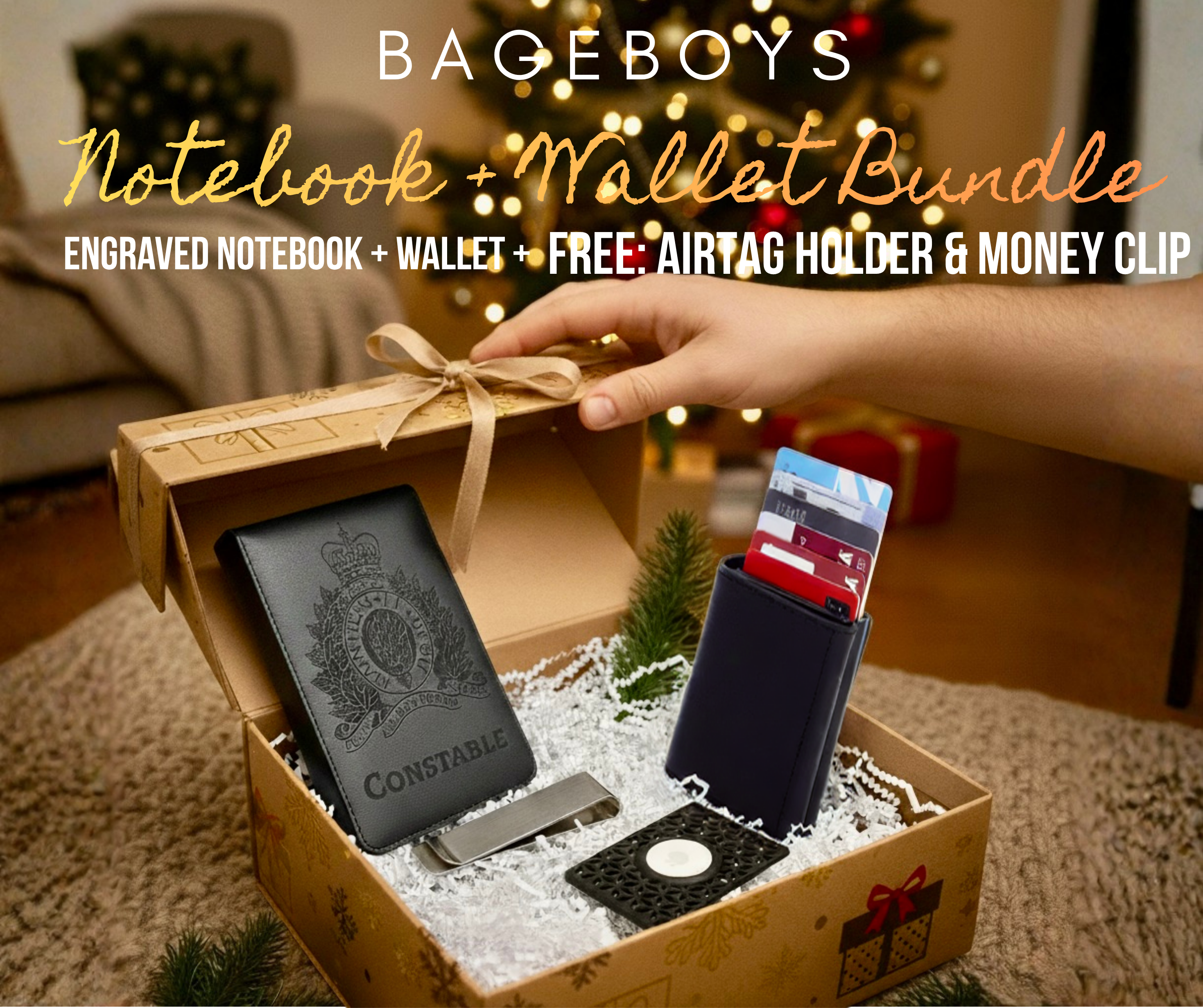 BAGEBOYS notebook and wallet bundle with engraved details in a gift box, Christmas tree in the background.