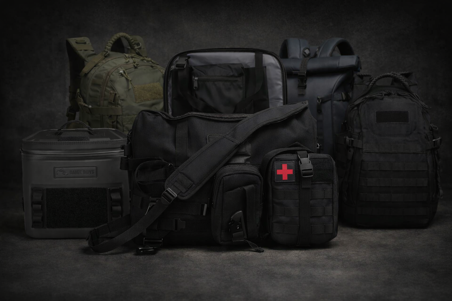 Collection of tactical bags and gear on a dark background