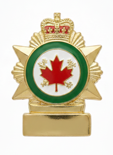 Canadian police badge with a red maple leaf on a white background