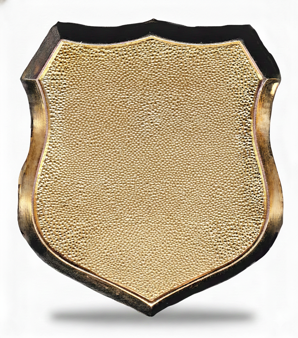 Gold shield-shaped plaque with a black border on a white background
