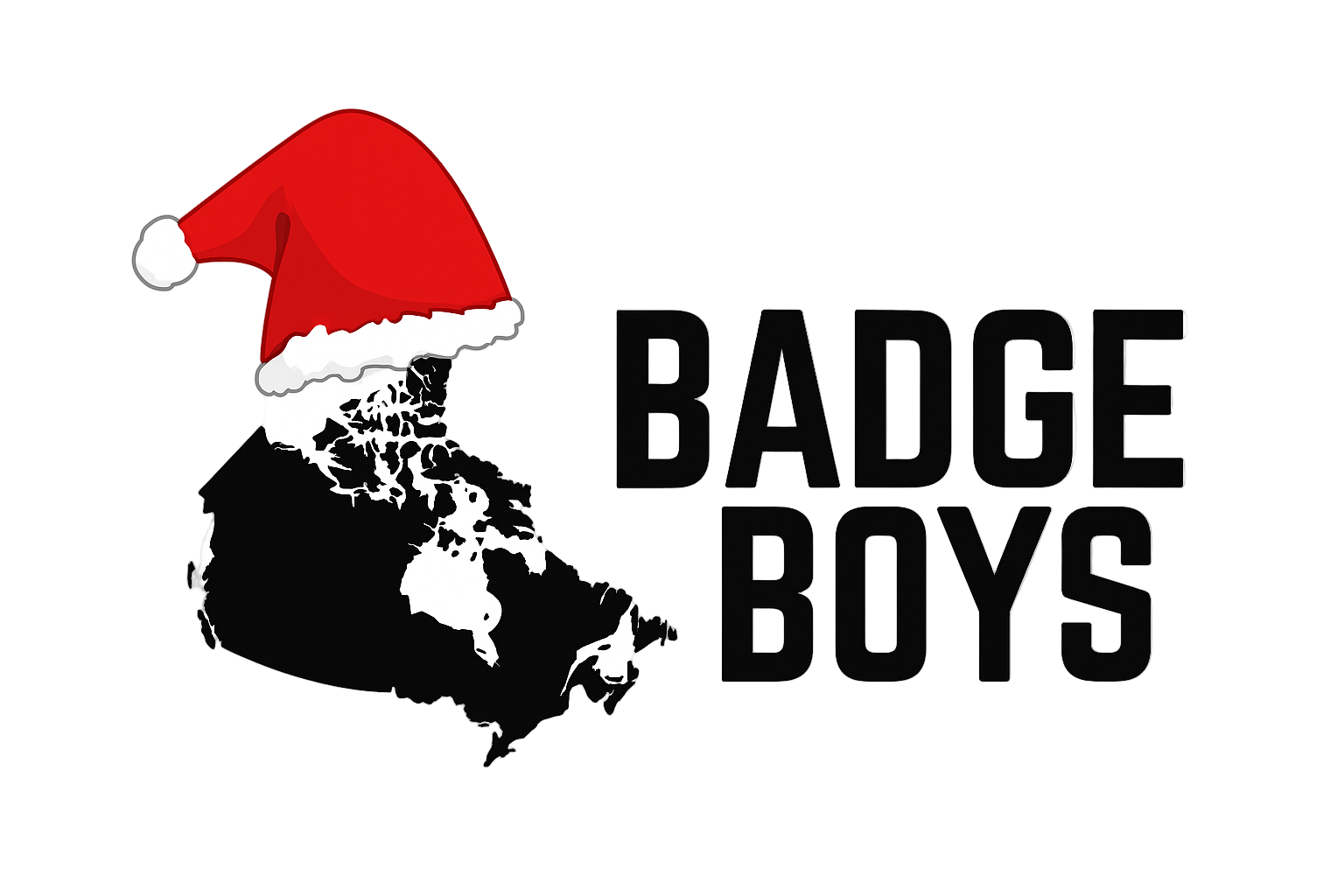 Map of Canada with a red Santa hat and 'Badge Boys' text on a white background