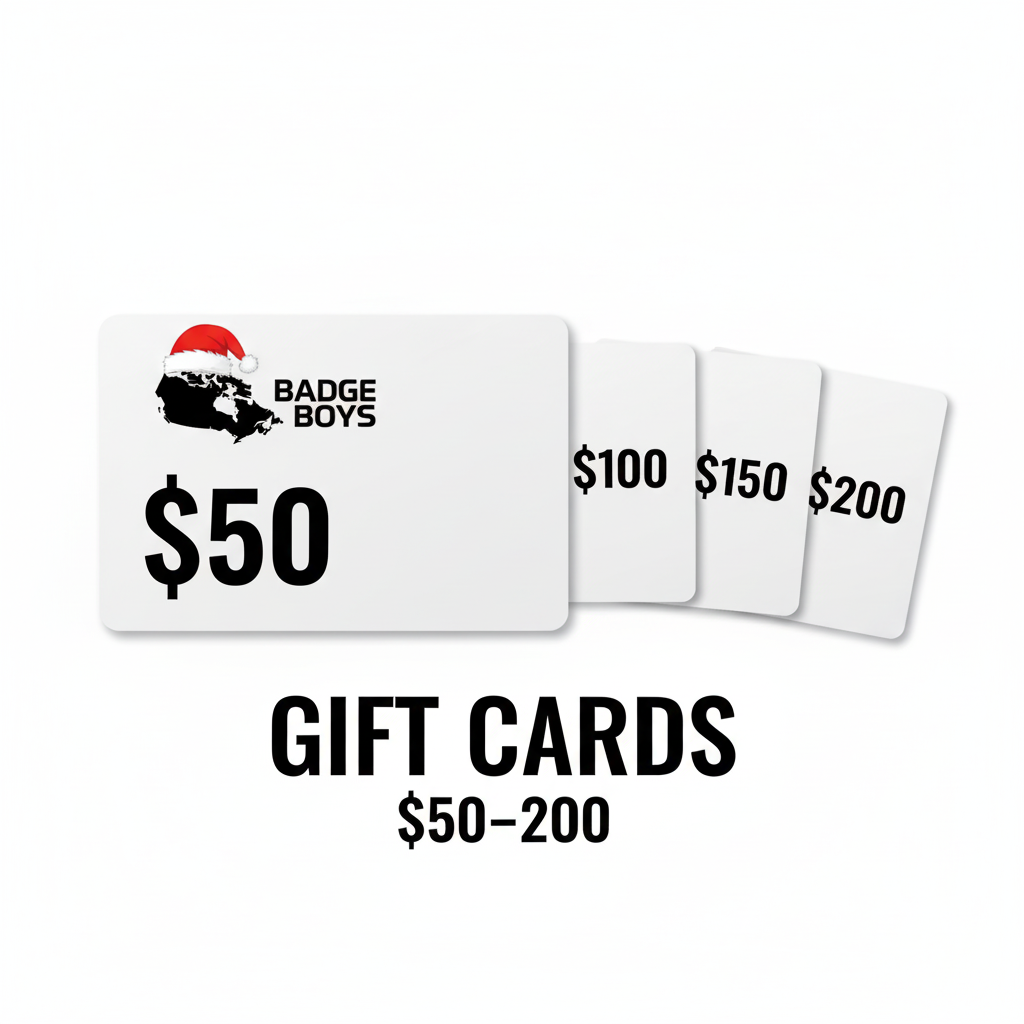 Badge Boys gift cards with different denominations on a white background
