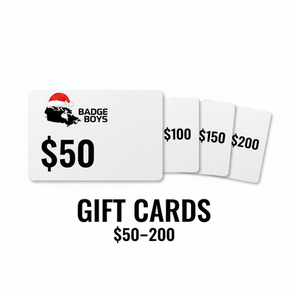 Badge Boys gift cards with different denominations on a white background