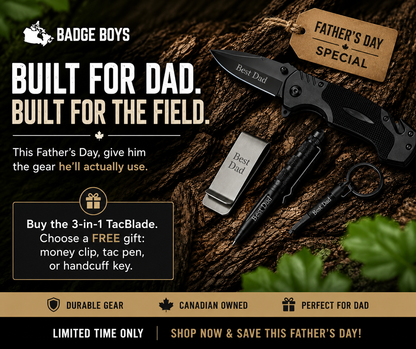 Badge Boys 3-in-1 TacBlade with promotional text on a natural background