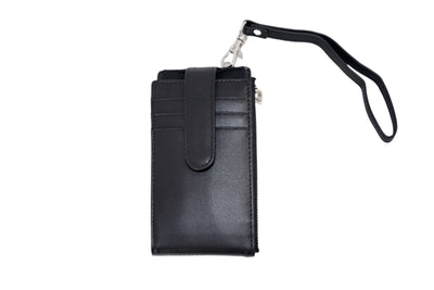 Black phone case with a wrist strap on a white background
