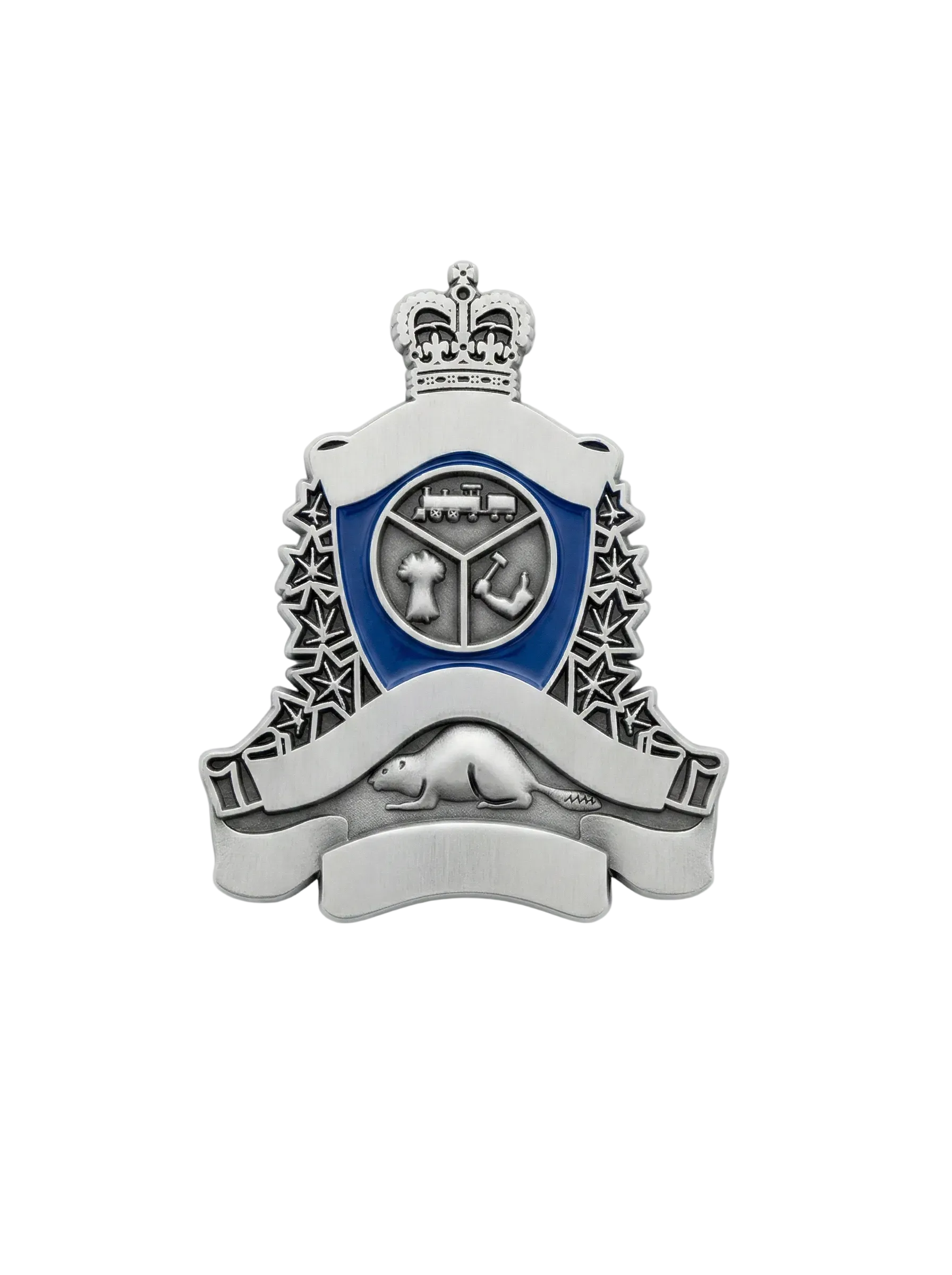 Metallic badge with a central emblem and decorative elements on a white background