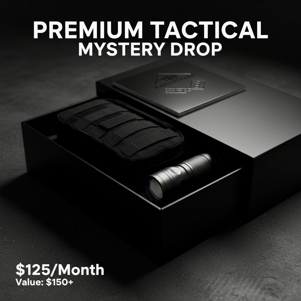 Black box with tactical items and a flashlight on a dark background, promotional text for a premium tactical mystery drop offer.