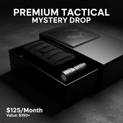 Black box with tactical items and a flashlight on a dark background, promotional text for a premium tactical mystery drop offer.
