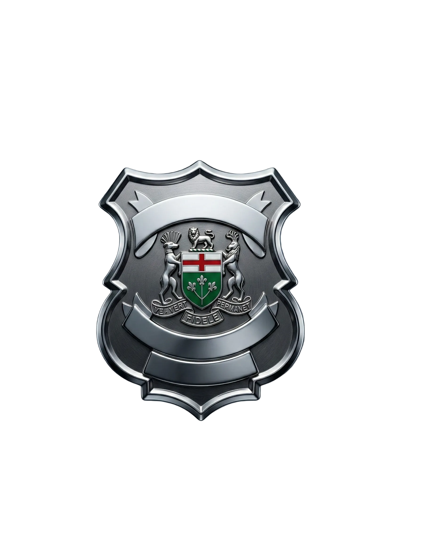 Metallic badge with emblem on a dark background