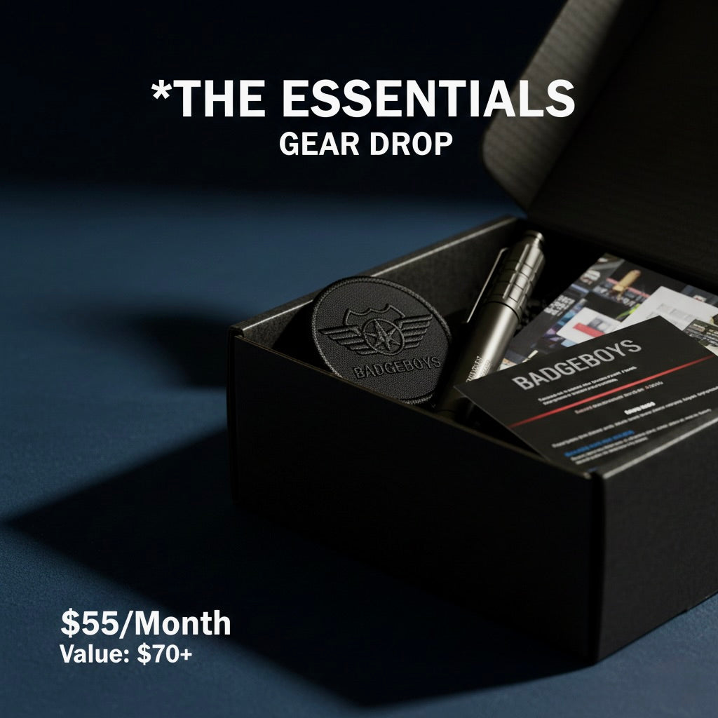 Black box with branded items on a dark background, featuring 'The Essentials Gear Drop' offer.