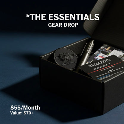 Black box with branded items on a dark background, featuring 'The Essentials Gear Drop' offer.