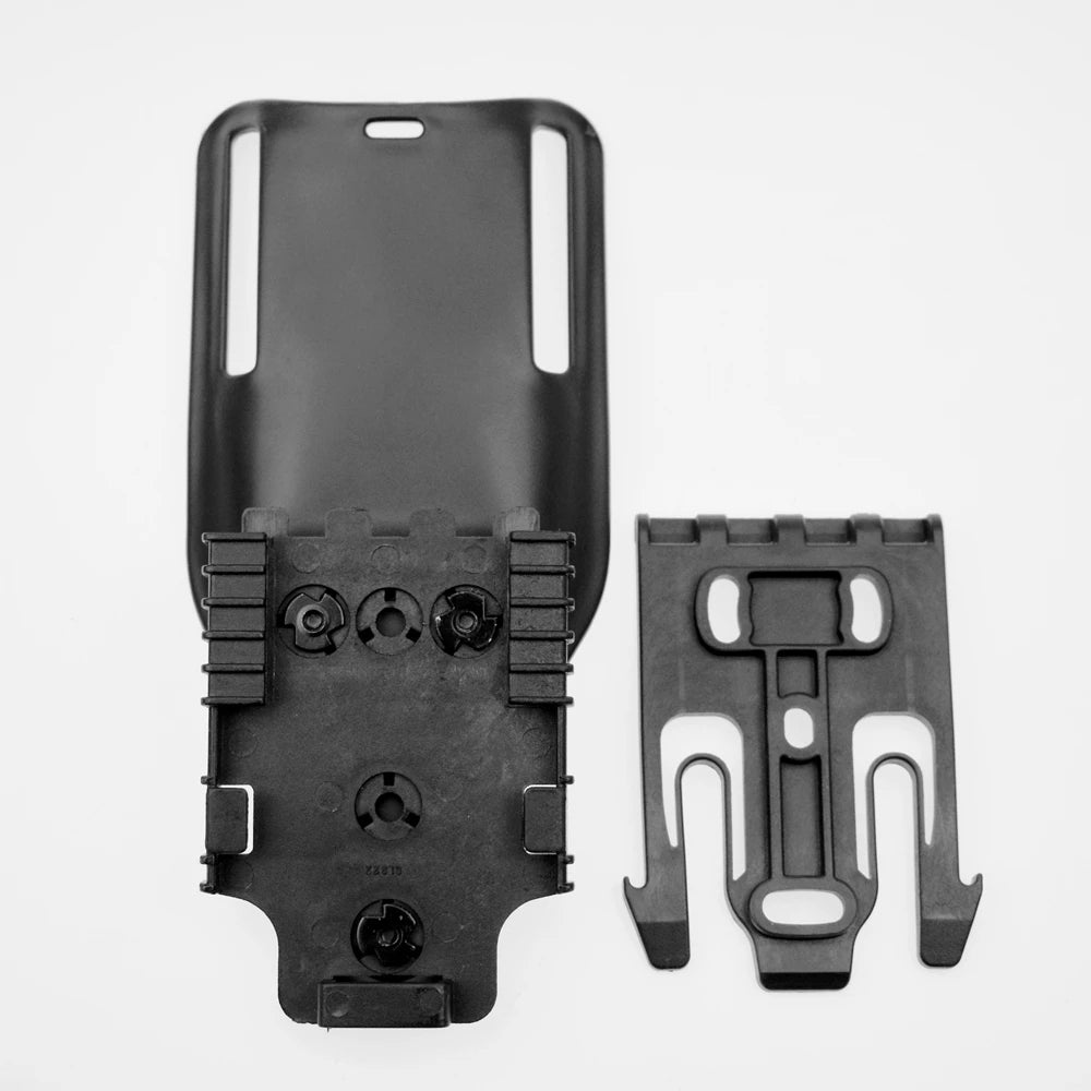 Two black tactical phone mounts on a white background