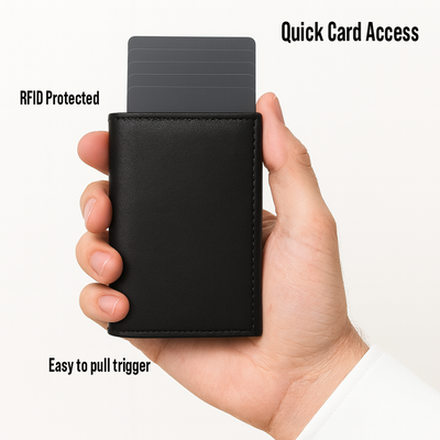 Hand holding a black cardholder with text highlighting features on a white background