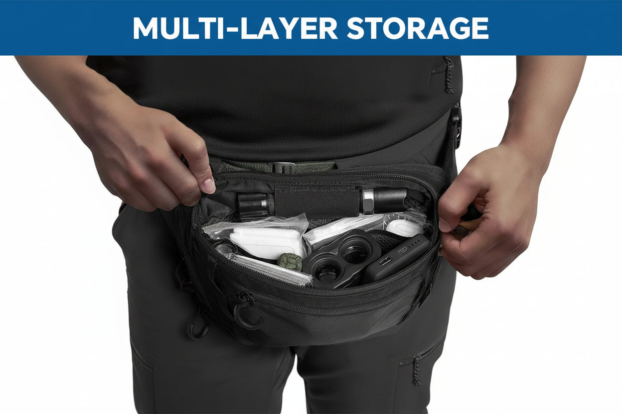 Person opening a black multi-layer storage pouch with various items inside, set against a neutral background.