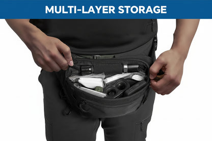 Person opening a black multi-layer storage pouch with various items inside, set against a neutral background.