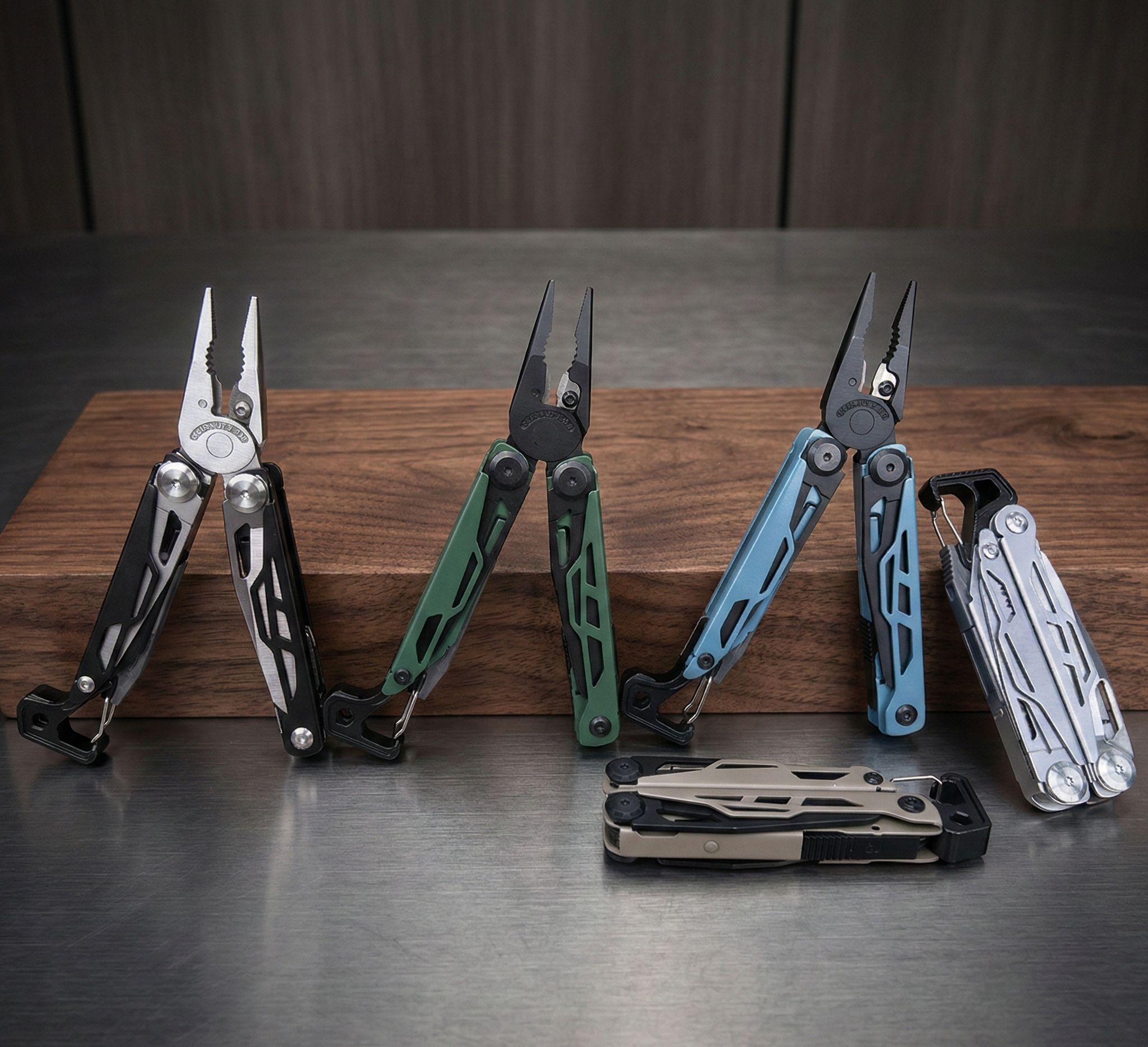 Set of multi-tool knives on a wooden block with a dark background