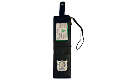Black pouch with a badge and label on a white background