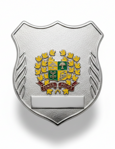 Metallic badge with a coat of arms on a white background