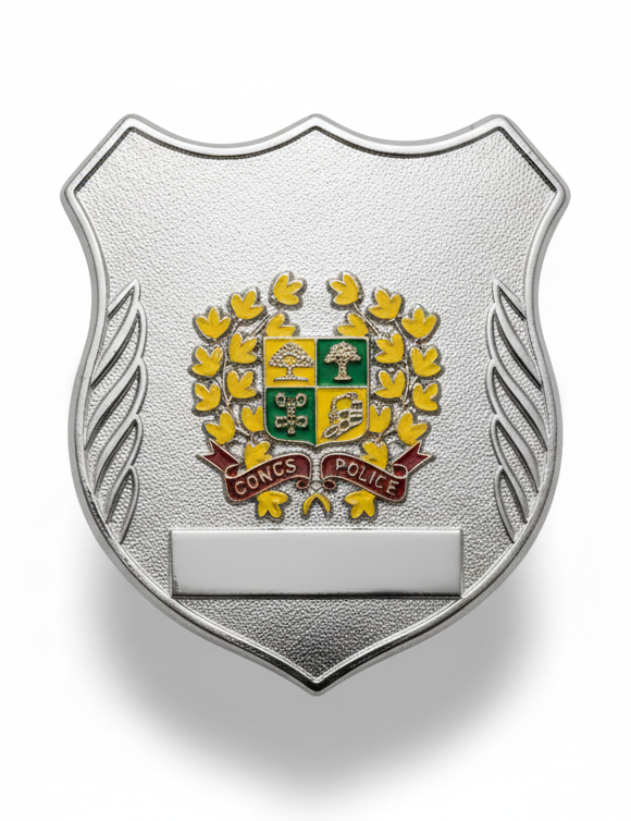 Metallic badge with a coat of arms on a white background