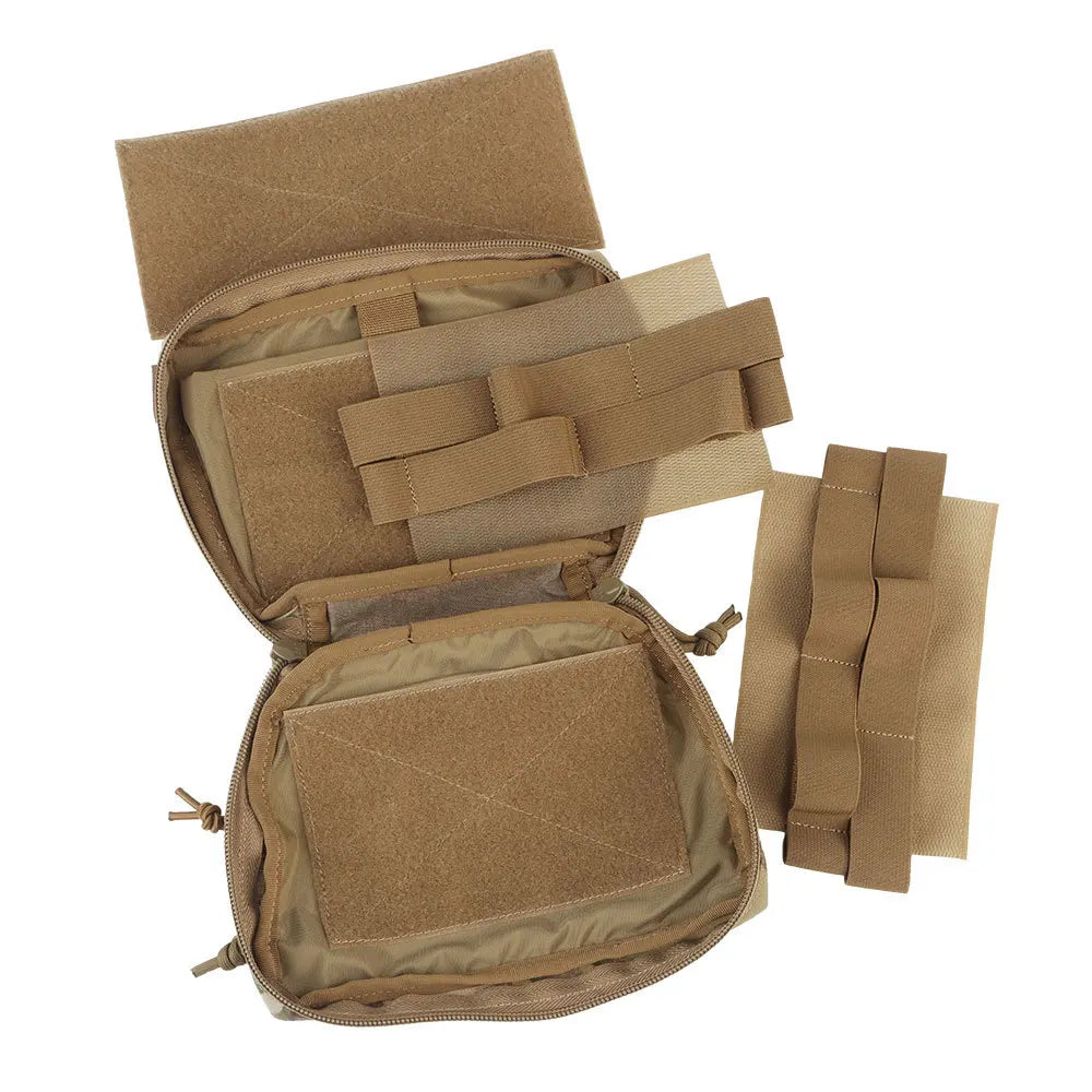 Tan tactical pouch with multiple straps on a white background