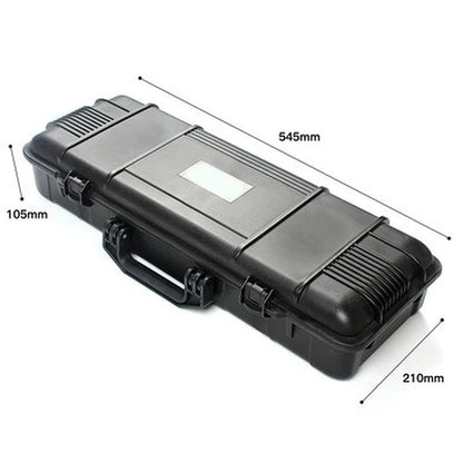 Black rectangular case with dimensions indicated on a white background