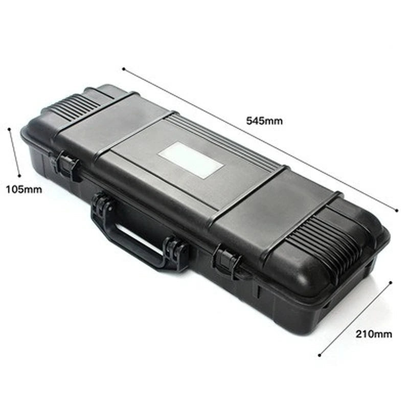 Black rectangular case with dimensions indicated on a white background