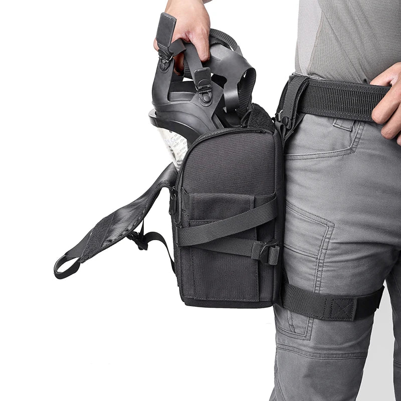 Person wearing a tactical harness with a helmet and pouches on a white background